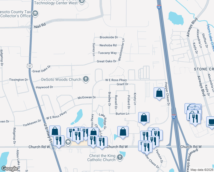 map of restaurants, bars, coffee shops, grocery stores, and more near 5516 Bradley Drive in Southaven