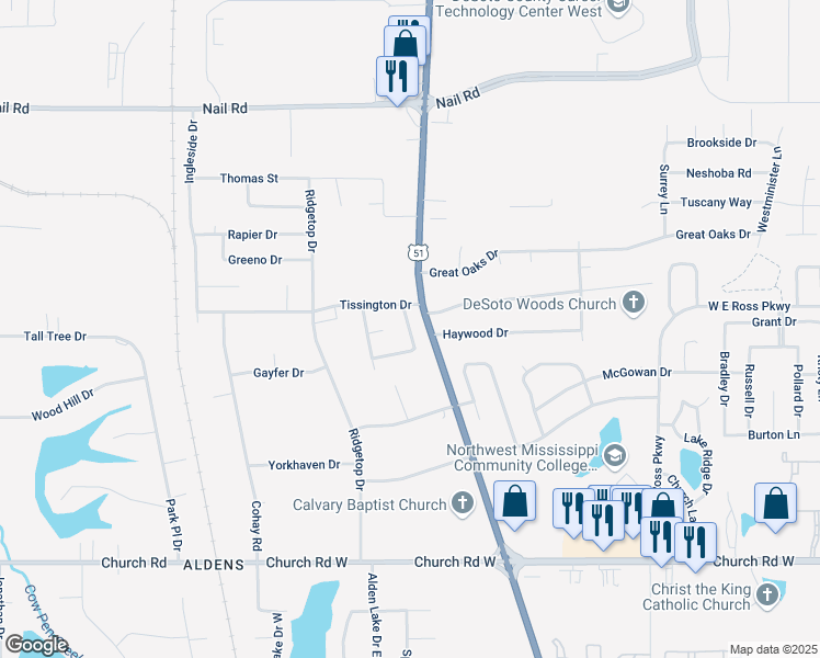 map of restaurants, bars, coffee shops, grocery stores, and more near Farnell Drive in Horn Lake