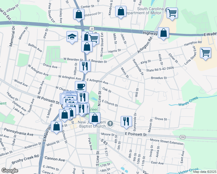 map of restaurants, bars, coffee shops, grocery stores, and more near 204 E Arlington Ave in Greer