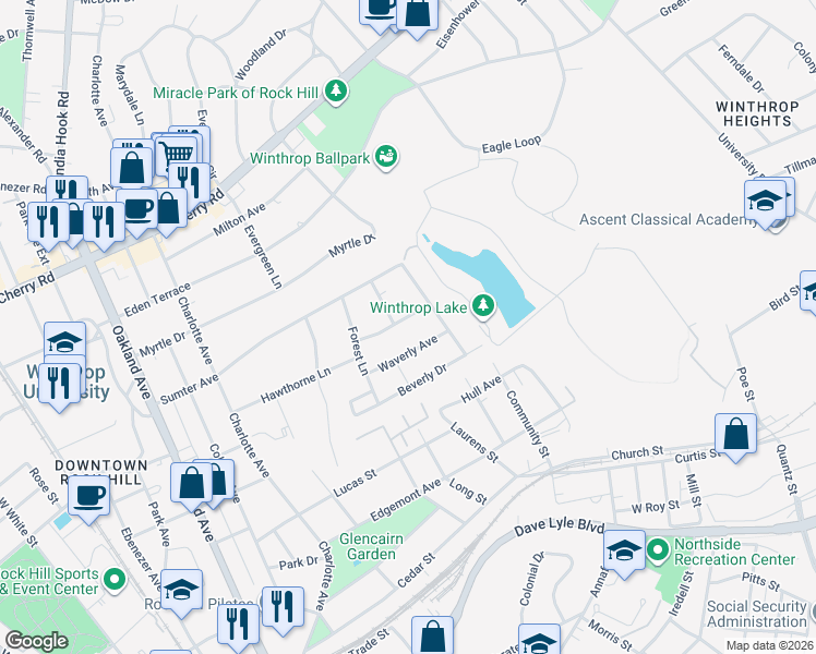 map of restaurants, bars, coffee shops, grocery stores, and more near 965 Waverly Avenue in Rock Hill