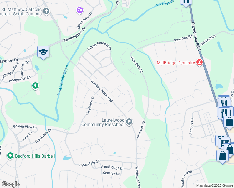 map of restaurants, bars, coffee shops, grocery stores, and more near 4519 Waxhaw-Marvin Road in Waxhaw