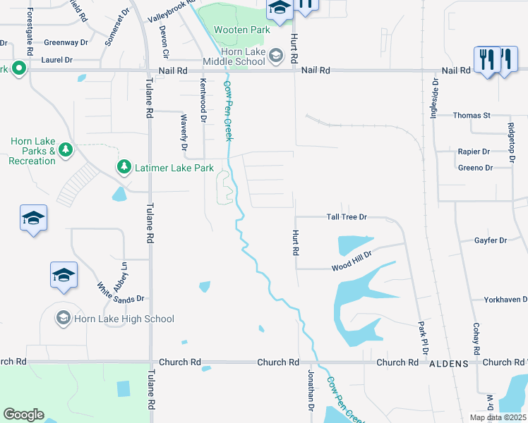 map of restaurants, bars, coffee shops, grocery stores, and more near 2615 South Avalon Drive in Horn Lake