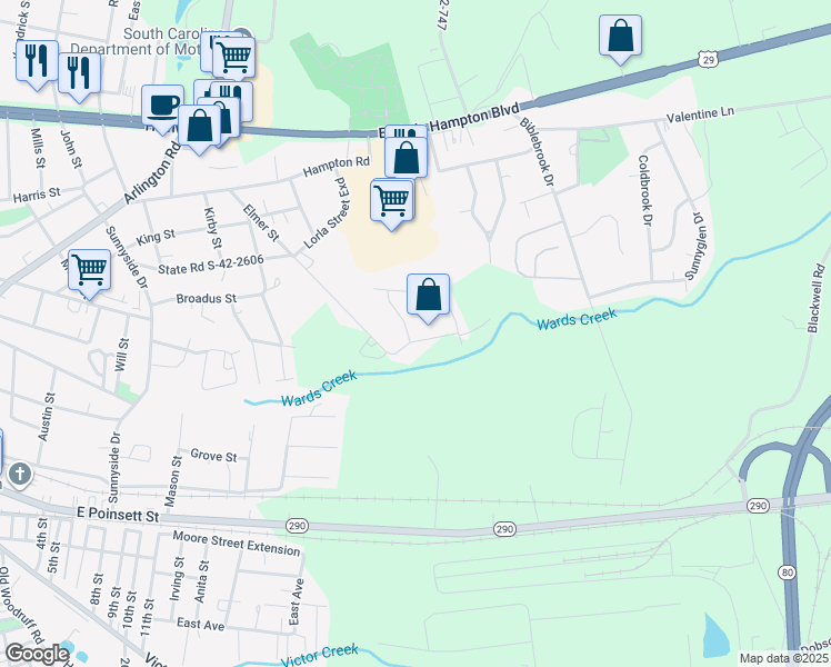 map of restaurants, bars, coffee shops, grocery stores, and more near 103 State Road S-42-7167 in Greer