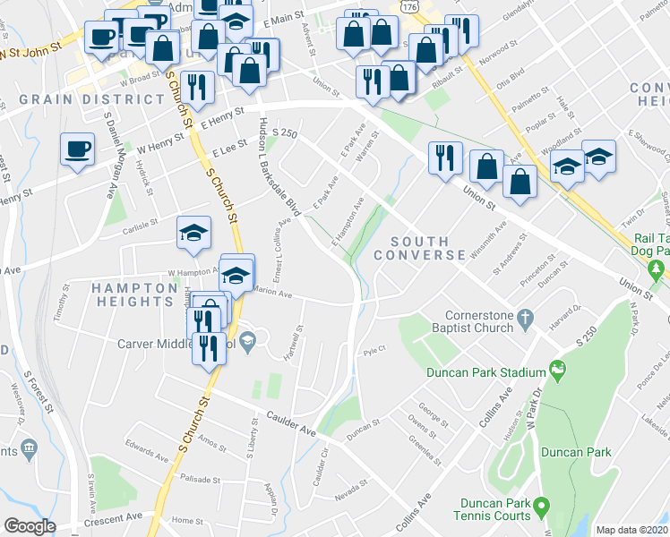 map of restaurants, bars, coffee shops, grocery stores, and more near 224 South 44 in Spartanburg