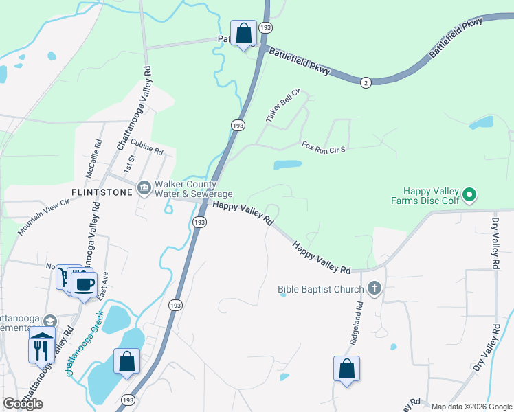 map of restaurants, bars, coffee shops, grocery stores, and more near 4202 Happy Valley Road in Walker County