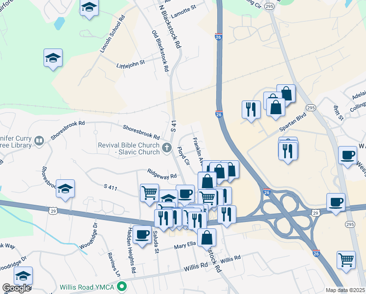 map of restaurants, bars, coffee shops, grocery stores, and more near 104 Floyd Circle in Spartanburg