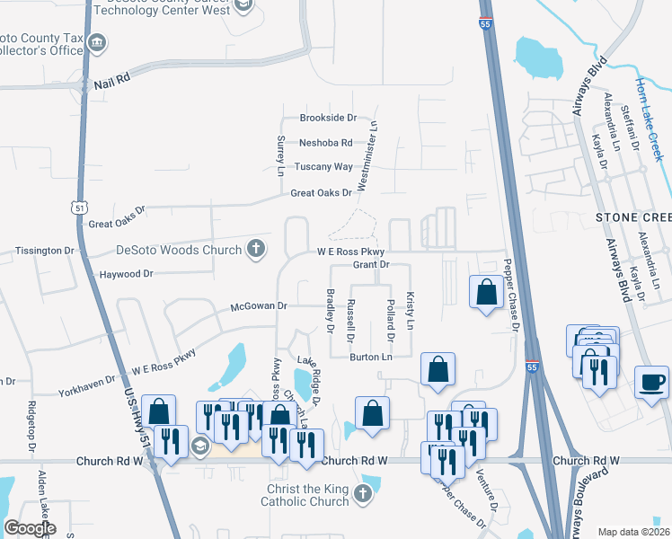 map of restaurants, bars, coffee shops, grocery stores, and more near 5516 Bradley Drive in Southaven