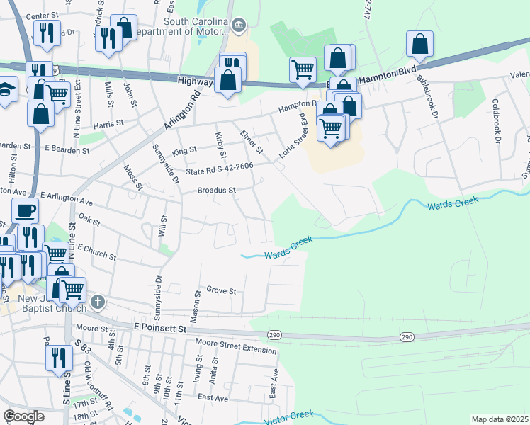 map of restaurants, bars, coffee shops, grocery stores, and more near 313 Morgan Street in Greer