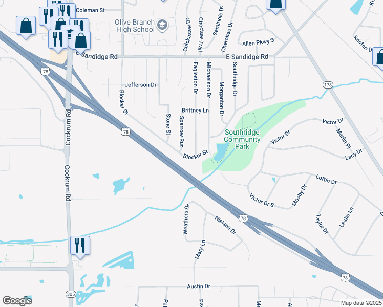 map of restaurants, bars, coffee shops, grocery stores, and more near 5360 Blocker Street in Olive Branch