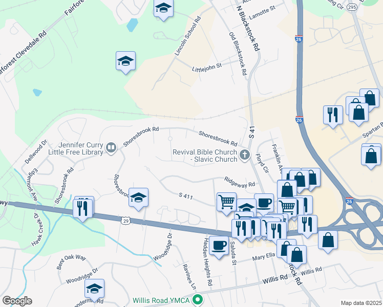 map of restaurants, bars, coffee shops, grocery stores, and more near 717 Birkhall Court in Spartanburg