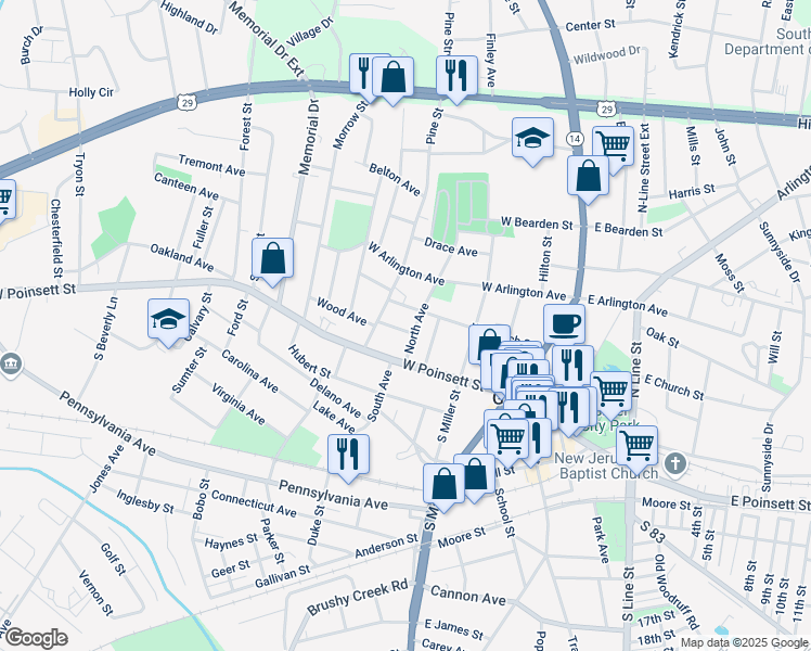 map of restaurants, bars, coffee shops, grocery stores, and more near 102 Westmoreland Avenue in Greer