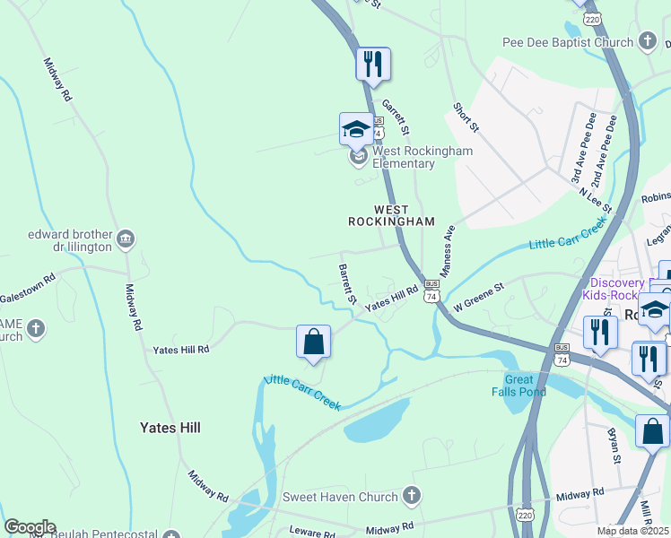 map of restaurants, bars, coffee shops, grocery stores, and more near 142 Barrett Street in Rockingham