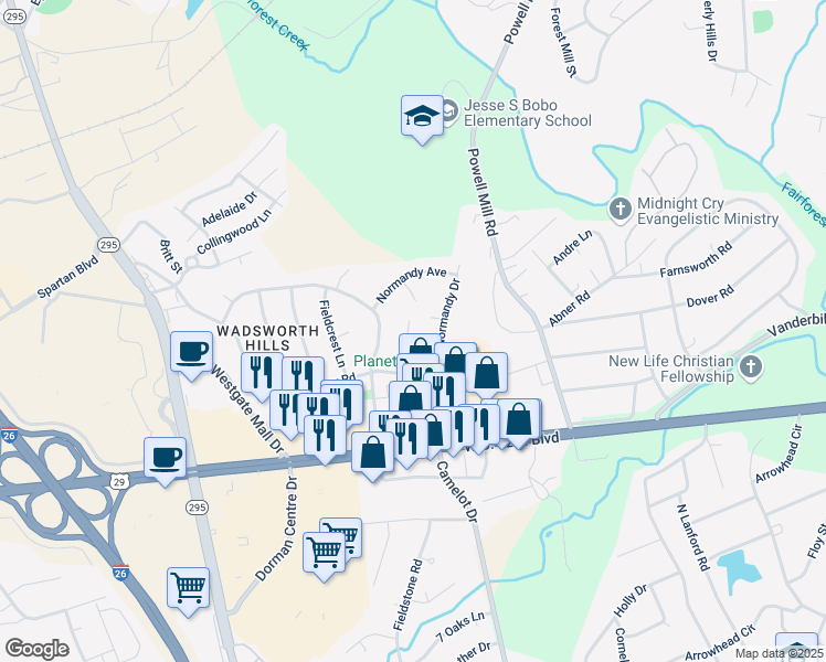 map of restaurants, bars, coffee shops, grocery stores, and more near 1462 Dover Road in Spartanburg