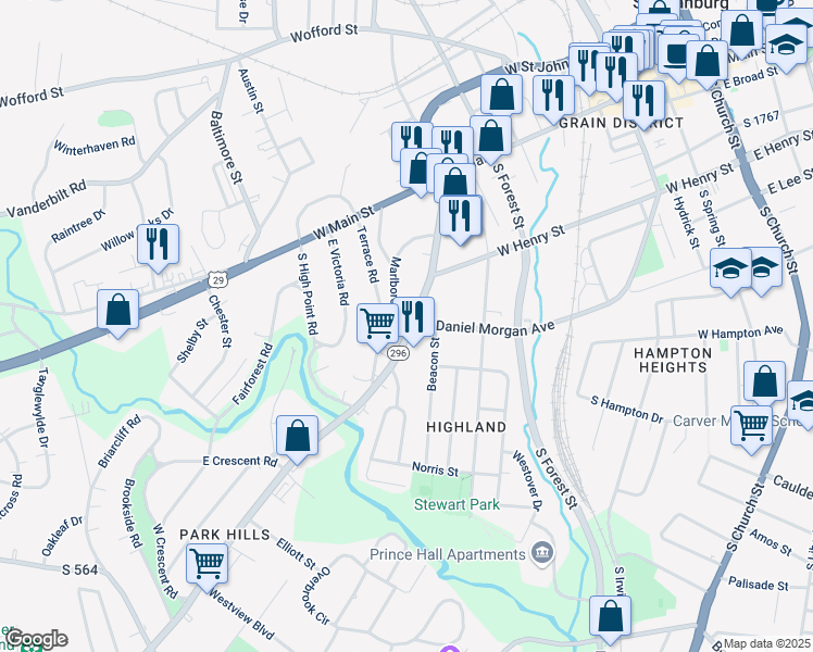 map of restaurants, bars, coffee shops, grocery stores, and more near 250 South Carolina 296 in Spartanburg