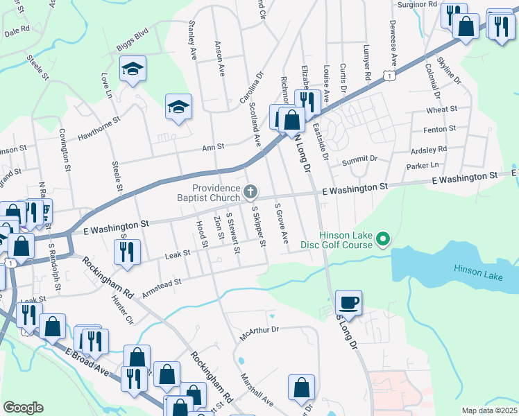 map of restaurants, bars, coffee shops, grocery stores, and more near 105 South Skipper Street in Rockingham
