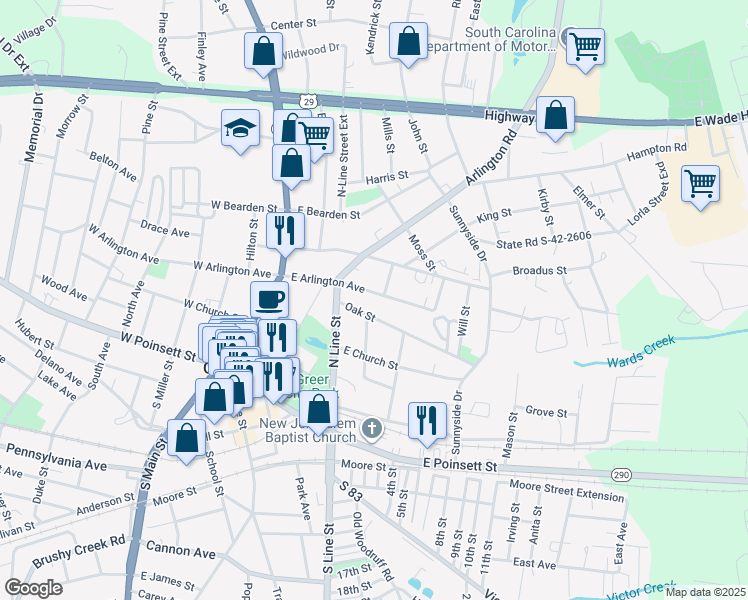 map of restaurants, bars, coffee shops, grocery stores, and more near 204 East Arlington Avenue in Greer