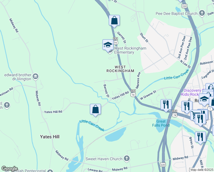 map of restaurants, bars, coffee shops, grocery stores, and more near 142 Barrett Street in Rockingham