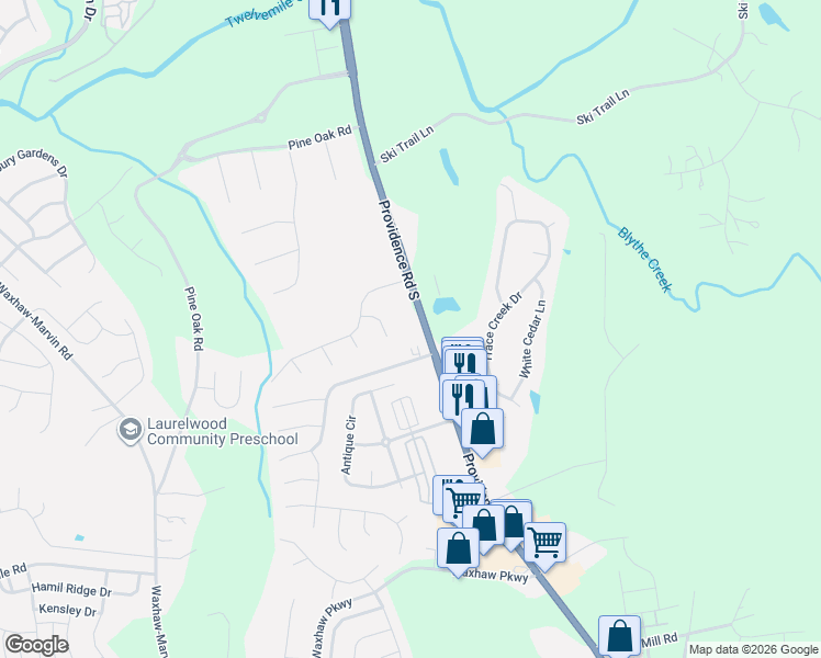 map of restaurants, bars, coffee shops, grocery stores, and more near 3822 Providence Road South in Marvin