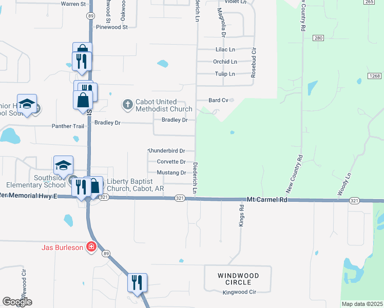 map of restaurants, bars, coffee shops, grocery stores, and more near 11 Thunderbird Drive in Cabot