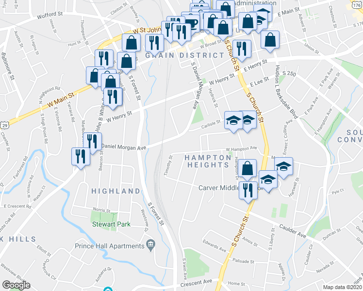 map of restaurants, bars, coffee shops, grocery stores, and more near 334 West Hampton Avenue in Spartanburg