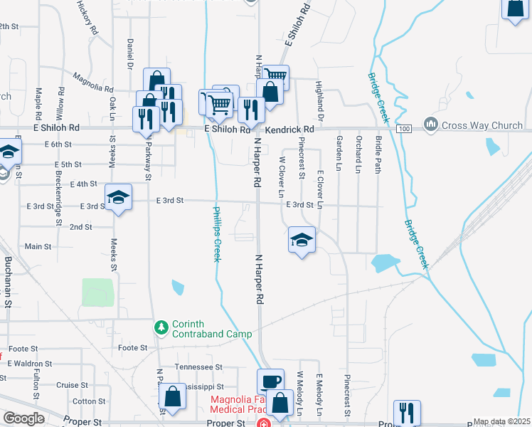 map of restaurants, bars, coffee shops, grocery stores, and more near 1310 North Harper Road in Corinth