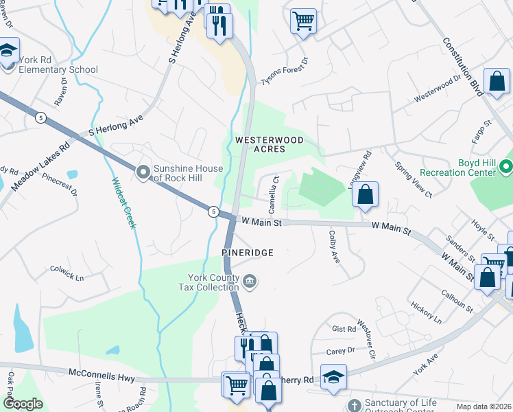 map of restaurants, bars, coffee shops, grocery stores, and more near 1631 Begonia Way in Rock Hill