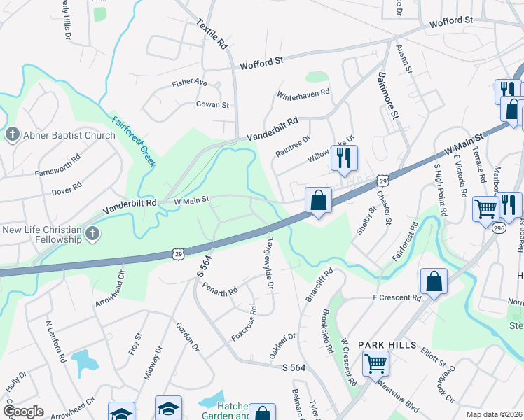 map of restaurants, bars, coffee shops, grocery stores, and more near 328 North Tanglewylde Drive in Spartanburg