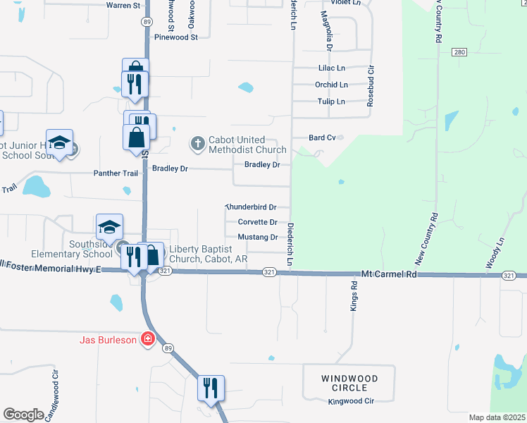 map of restaurants, bars, coffee shops, grocery stores, and more near 21 Thunderbird Drive in Cabot