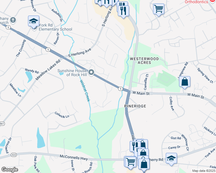 map of restaurants, bars, coffee shops, grocery stores, and more near 1825 West Main Street in Rock Hill