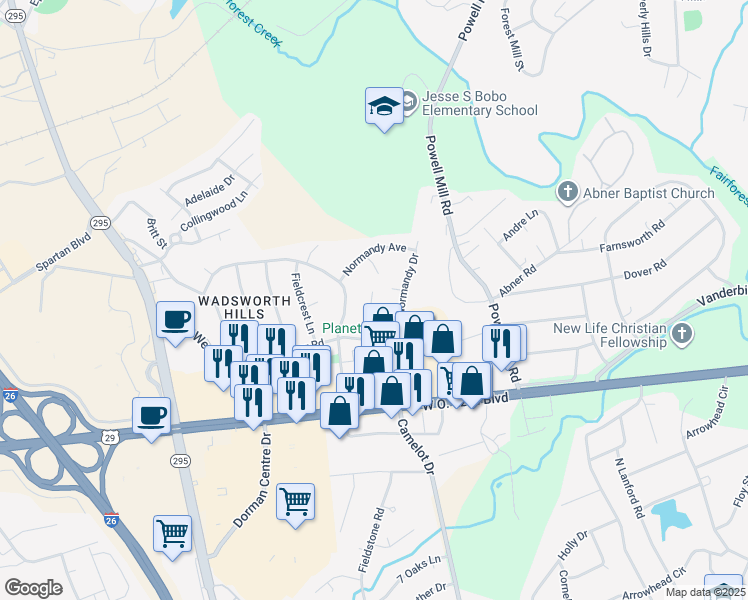 map of restaurants, bars, coffee shops, grocery stores, and more near 1458 Dover Road in Spartanburg