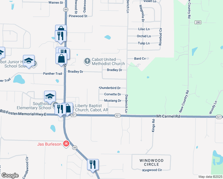 map of restaurants, bars, coffee shops, grocery stores, and more near 25 Thunderbird Drive in Cabot