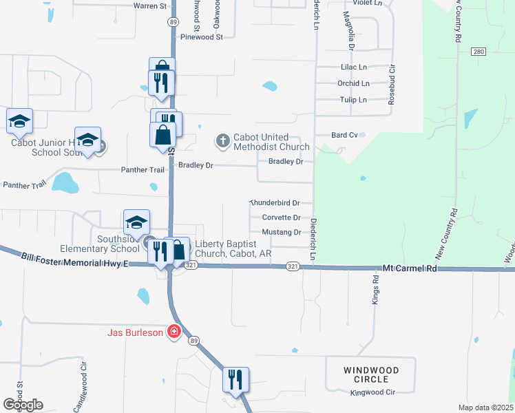 map of restaurants, bars, coffee shops, grocery stores, and more near 35 Thunderbird Drive in Cabot