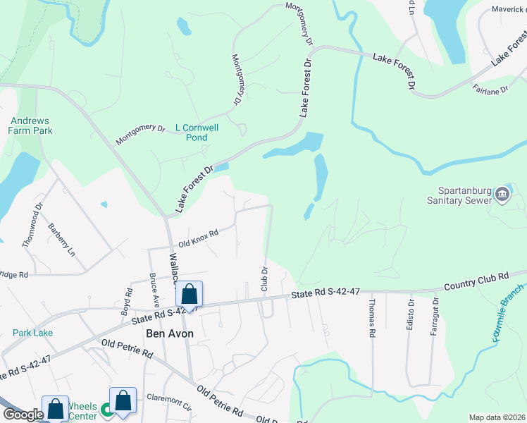 map of restaurants, bars, coffee shops, grocery stores, and more near 2600 Club Drive in Spartanburg