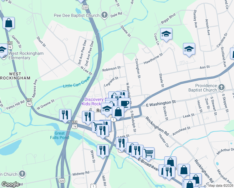 map of restaurants, bars, coffee shops, grocery stores, and more near 210 Everette Street in Rockingham