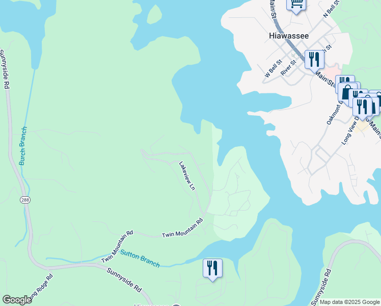 map of restaurants, bars, coffee shops, grocery stores, and more near 0 Twin Mountain Road in Hiawassee