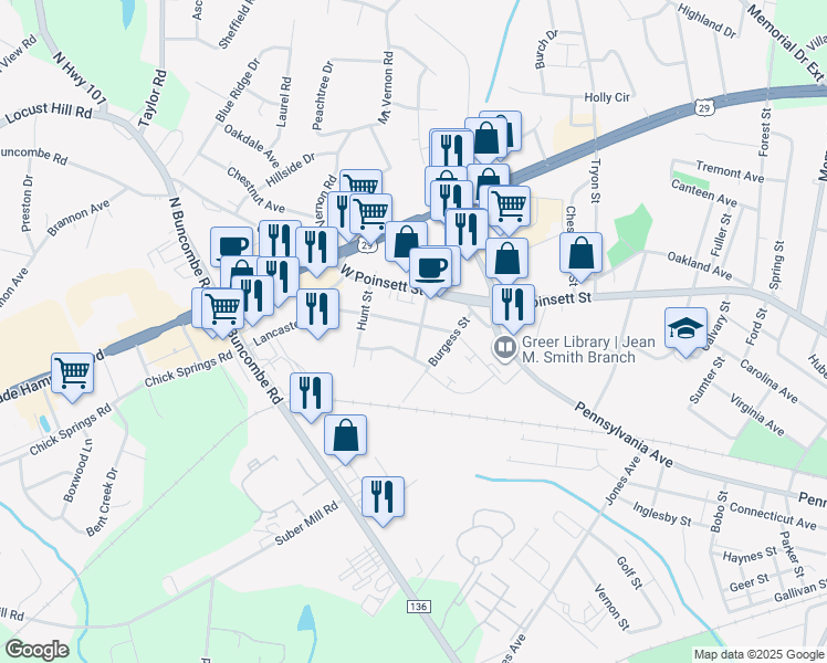 map of restaurants, bars, coffee shops, grocery stores, and more near 109 Lancaster Avenue in Greer