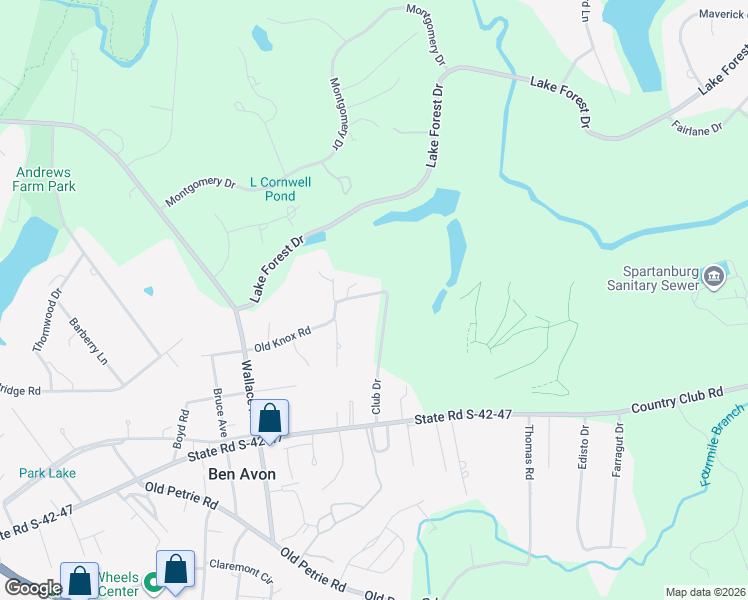 map of restaurants, bars, coffee shops, grocery stores, and more near 2600 Club Drive in Spartanburg