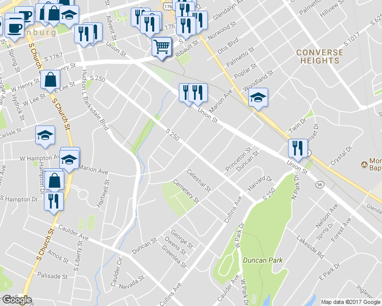 map of restaurants, bars, coffee shops, grocery stores, and more near 574 South Converse Street in Spartanburg