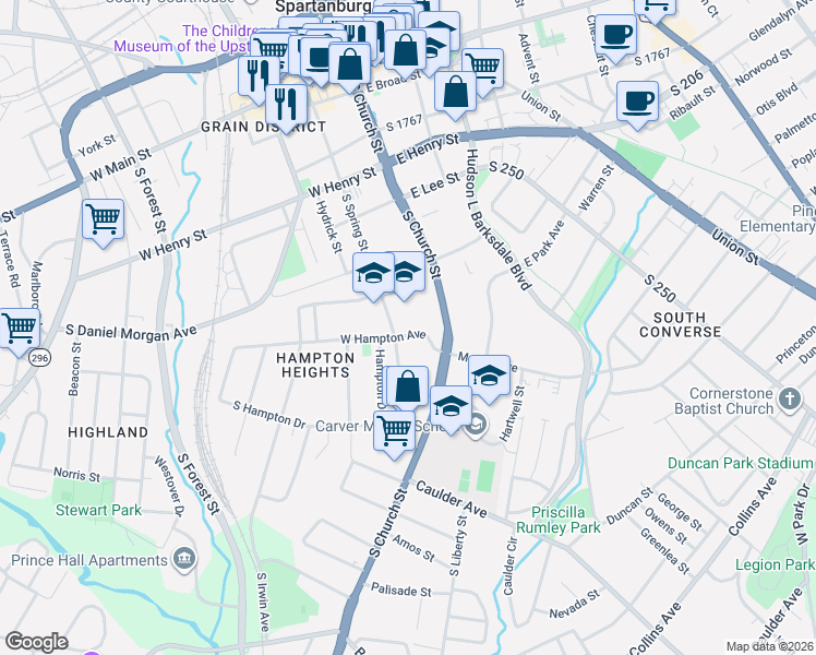 map of restaurants, bars, coffee shops, grocery stores, and more near 172 West Hampton Avenue in Spartanburg