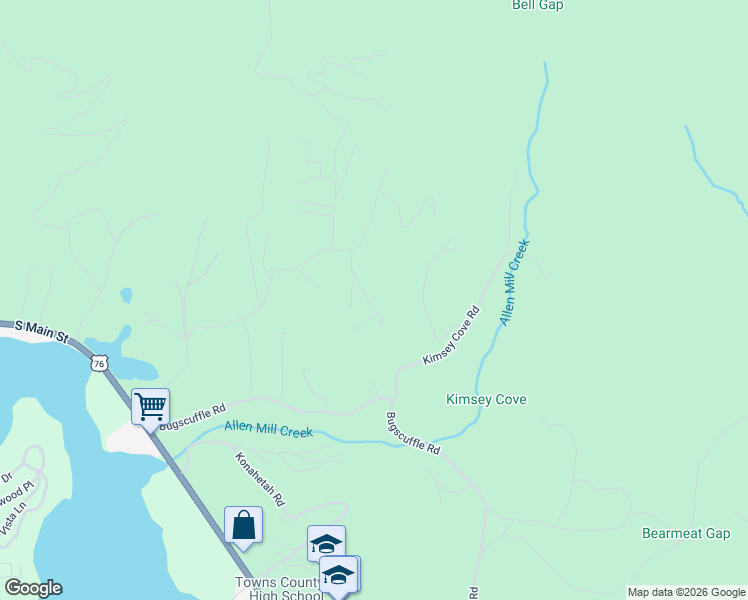 map of restaurants, bars, coffee shops, grocery stores, and more near 557 Grayce Lane in Hiawassee