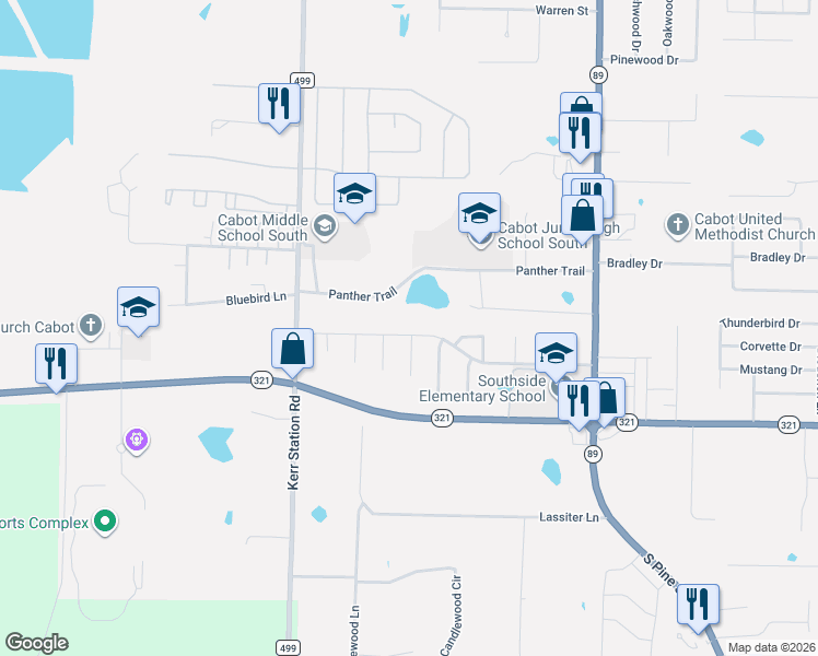 map of restaurants, bars, coffee shops, grocery stores, and more near 600 Southhaven Avenue in Cabot