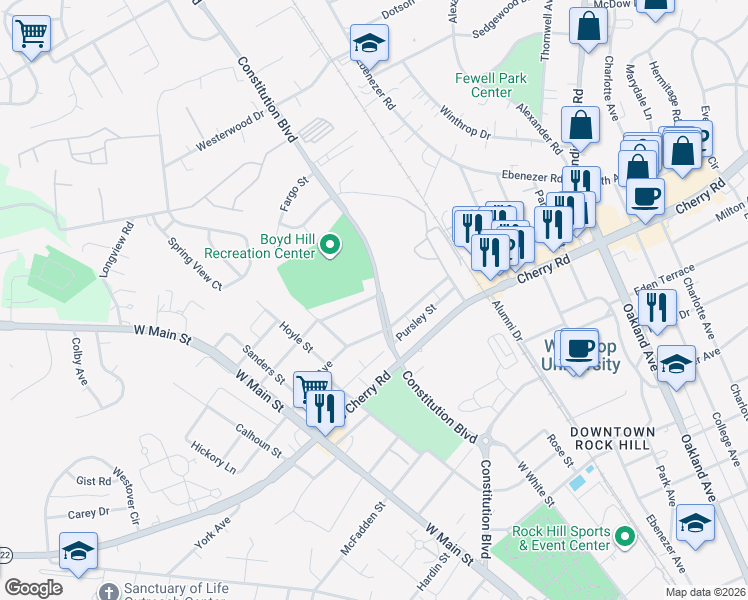 map of restaurants, bars, coffee shops, grocery stores, and more near 1127 Constitution Boulevard in Rock Hill