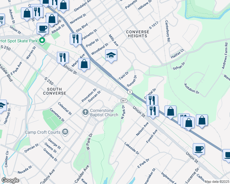map of restaurants, bars, coffee shops, grocery stores, and more near 801A Shop Street in Spartanburg