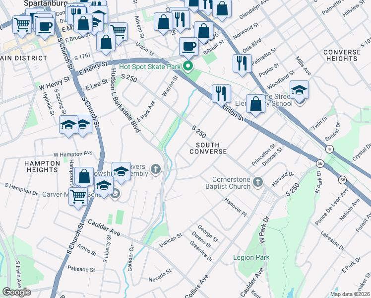 map of restaurants, bars, coffee shops, grocery stores, and more near 279 Alexander Avenue in Spartanburg