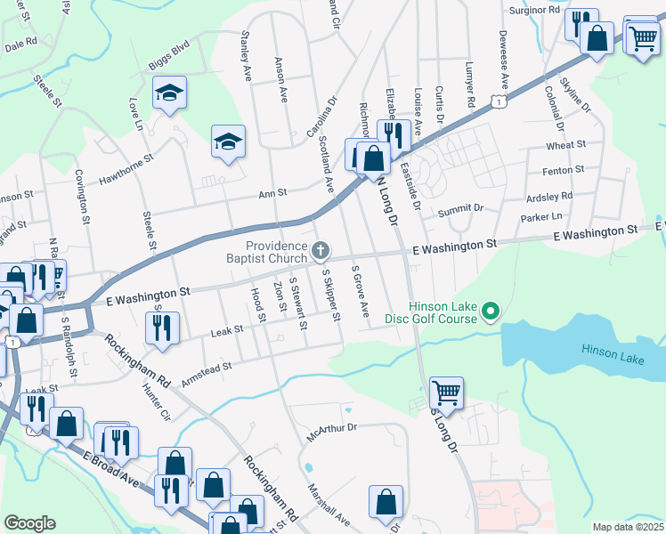 map of restaurants, bars, coffee shops, grocery stores, and more near 105 South Skipper Street in Rockingham