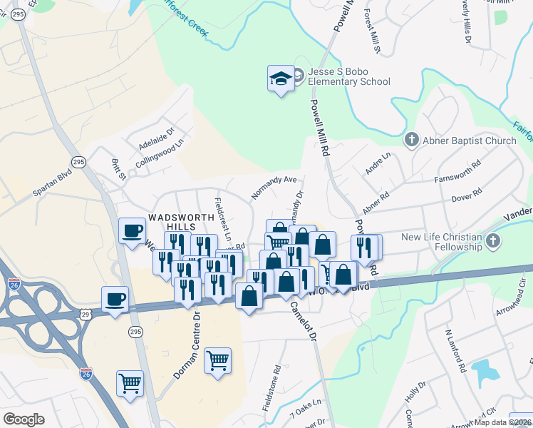 map of restaurants, bars, coffee shops, grocery stores, and more near 1462 Dover Road in Spartanburg