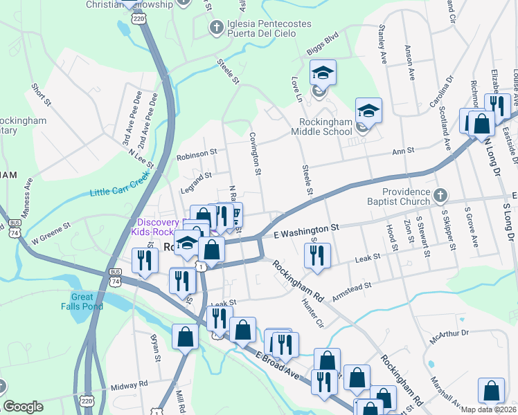 map of restaurants, bars, coffee shops, grocery stores, and more near 203 Covington Street in Rockingham