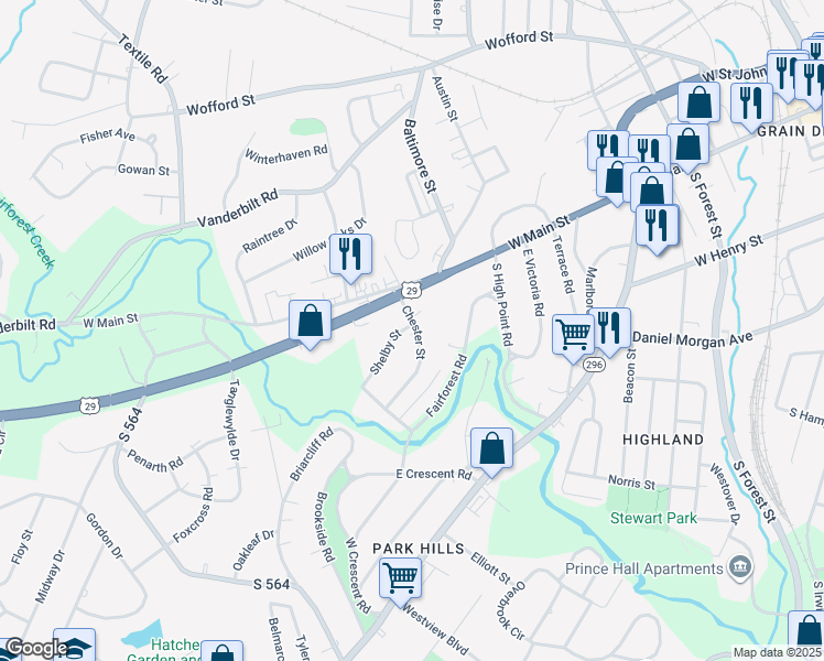 map of restaurants, bars, coffee shops, grocery stores, and more near 106 Chester Street in Spartanburg