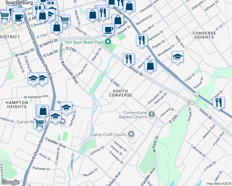 map of restaurants, bars, coffee shops, grocery stores, and more near 284 Marion Avenue in Spartanburg
