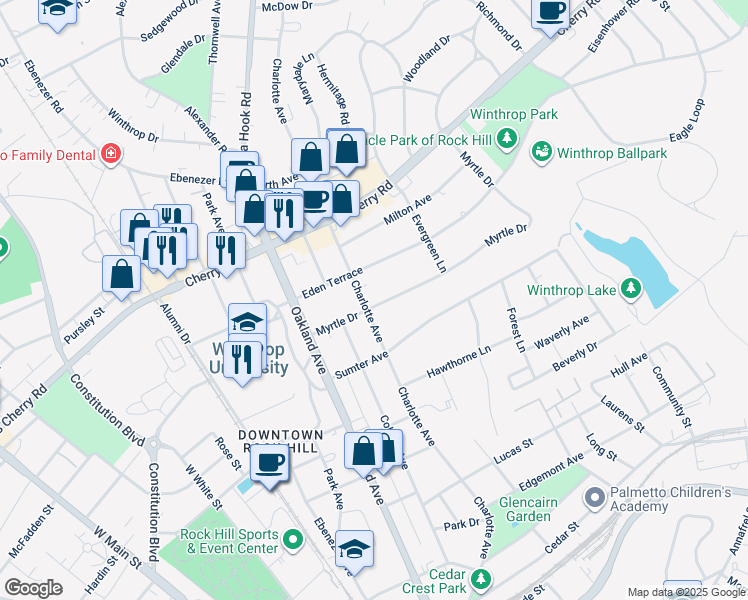 map of restaurants, bars, coffee shops, grocery stores, and more near 703 Myrtle Drive in Rock Hill